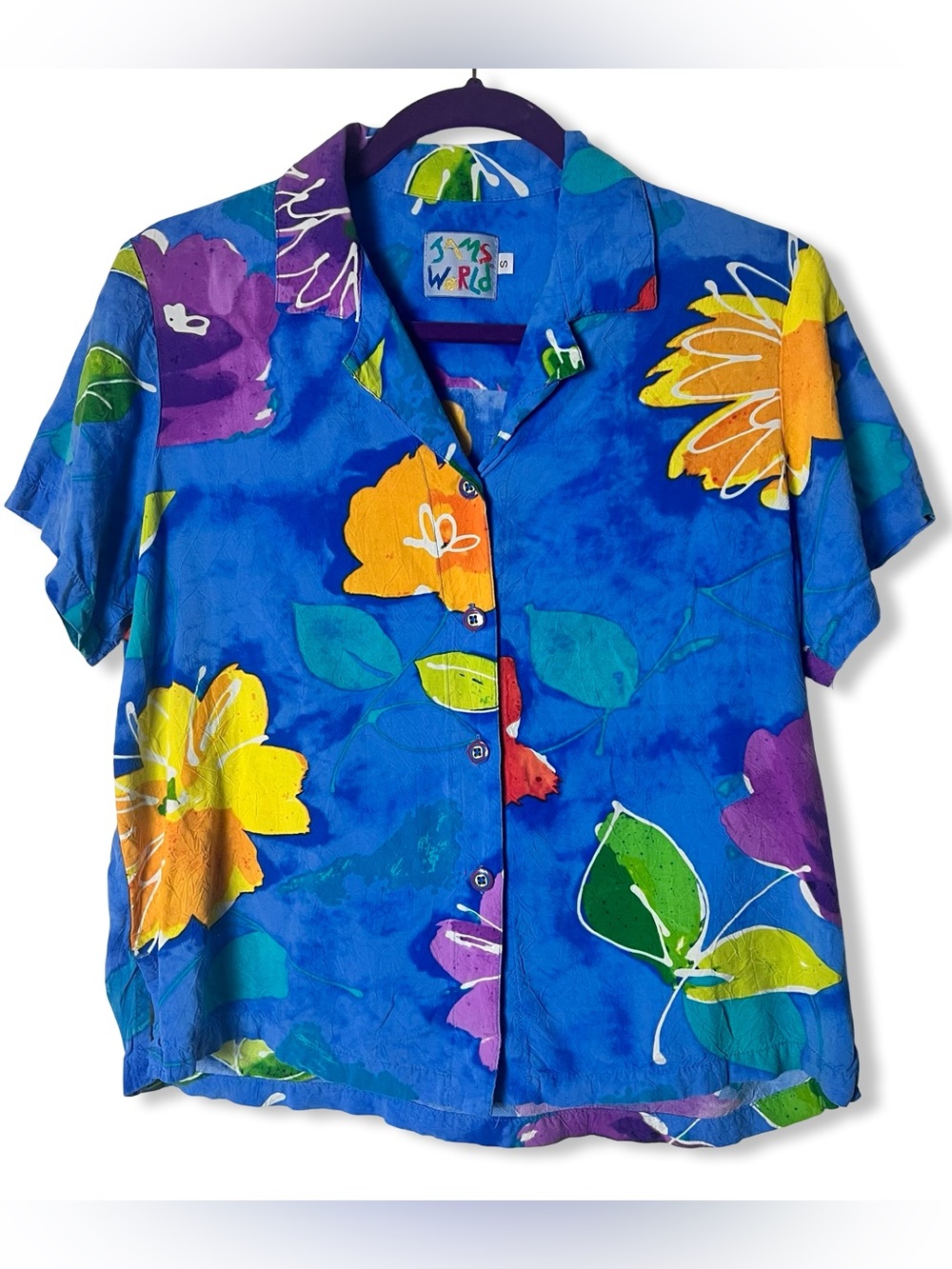 Jams World Vtg Blue Watercolor Floral Rayon Button Up Shirt Sz S Hawaiian